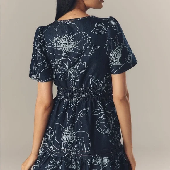 Anthropologie Denim Navy Floral Mini Dress - Picture 2 of 6